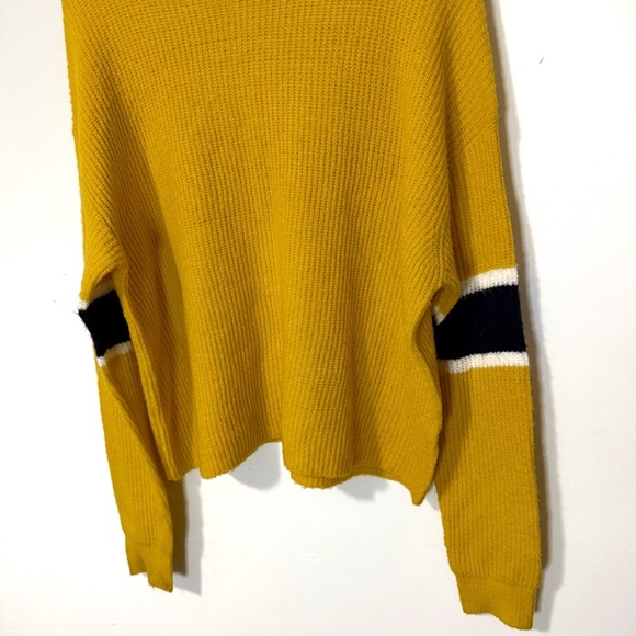 Anthro John + Jenn Yellow Varsity Stripe Mock Neck Chunky Knit Sweater Sz Medium - Picture 5 of 8